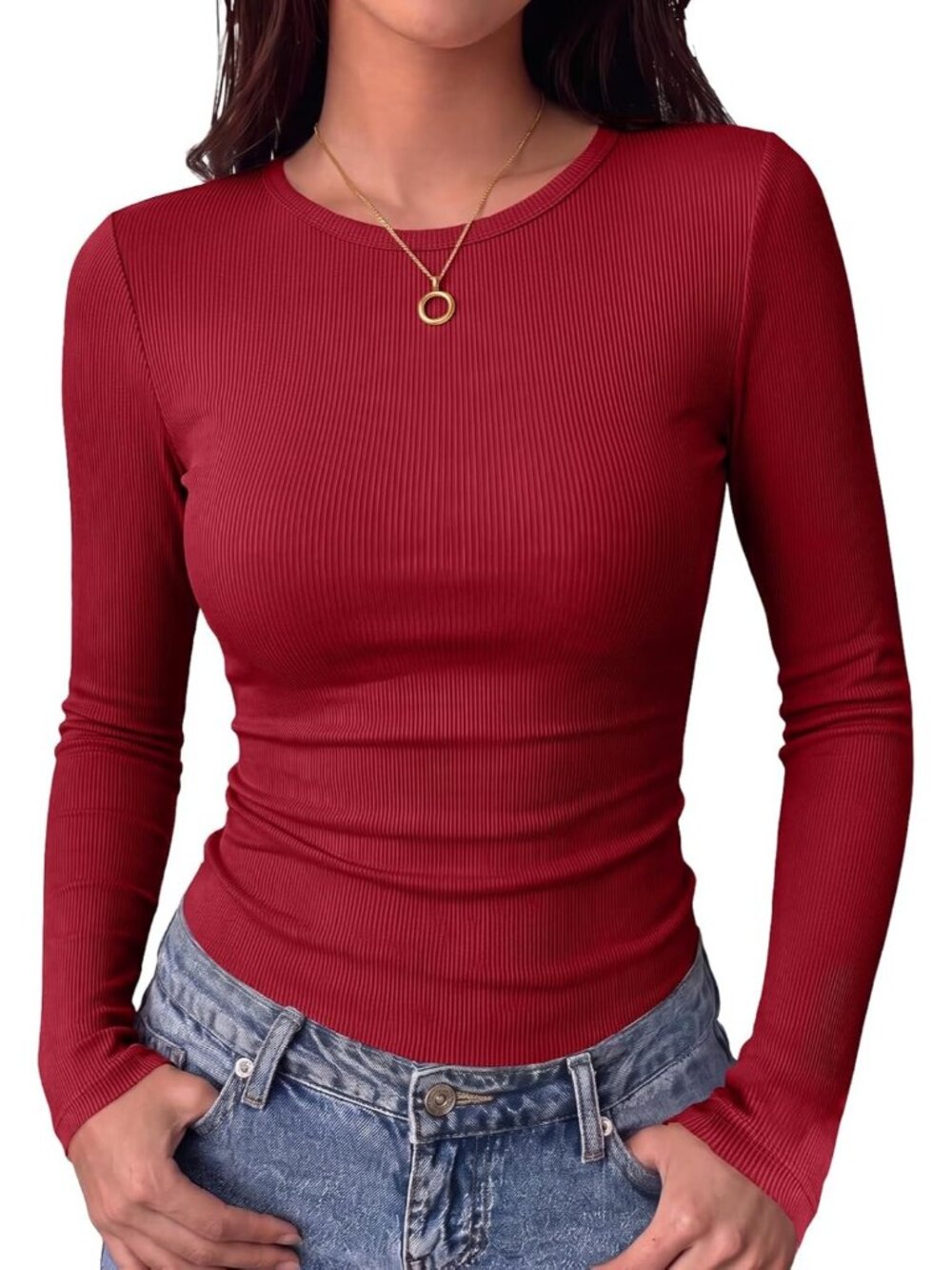 Women's Red Ribbed Knit Basic Crewneck Long Sleeve Slim Fit Trendy T-Shirt